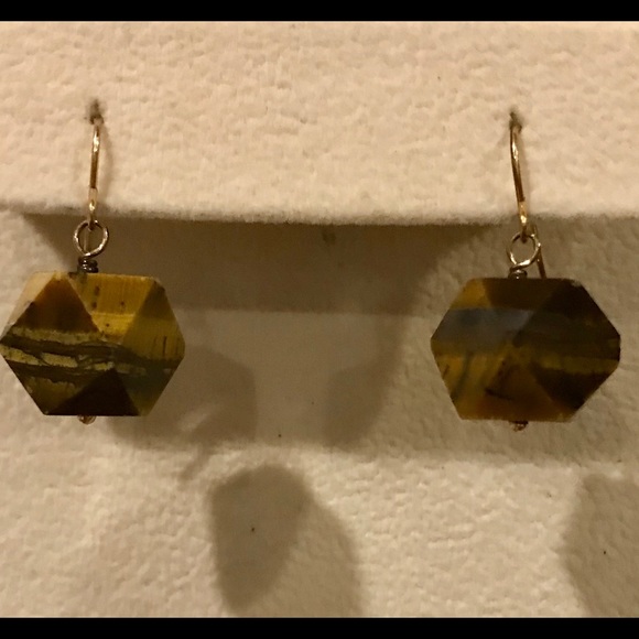 Designer tiger eyes 14K gold plated earrings. - Picture 2 of 4